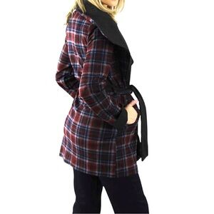 Chocolate USA Womens Long Belted Blazer Coat Burgundy Navy L Plaid Drapey NWT